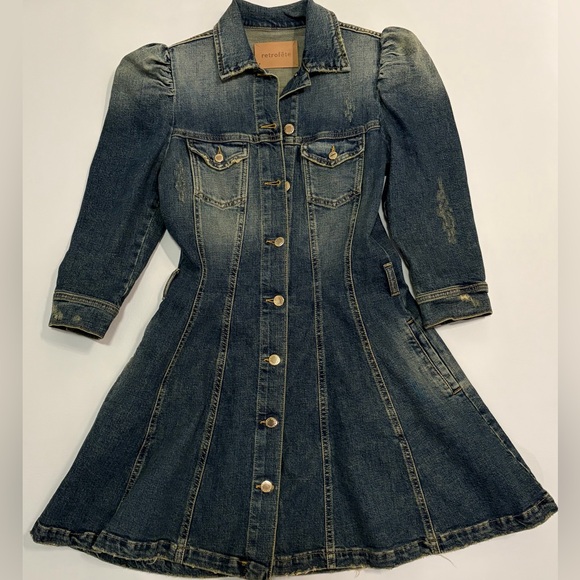 RETROFÉTE RETROFETE Clara Belted Distressed Denim Mini Shirt Dress Small - Picture 8 of 16